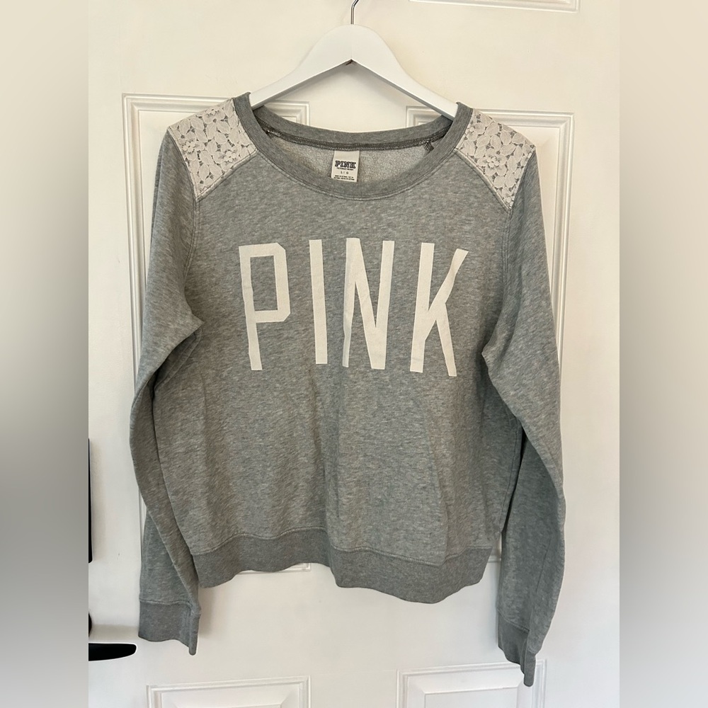 PINK Victoria's Secret Gray Lace-Shoulder Crewneck Sweatshirt with White Logo